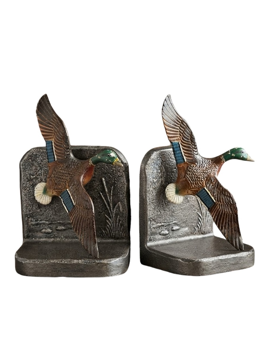 Vintage Pair of Cast Metal Flying Mallard Duck Bookends